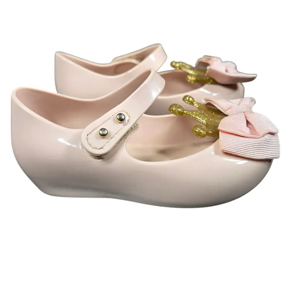 Mini Melissa Mary Janes Toddler 7 Pink Ribbon Bow Gold Crown Fairy Tale Princess